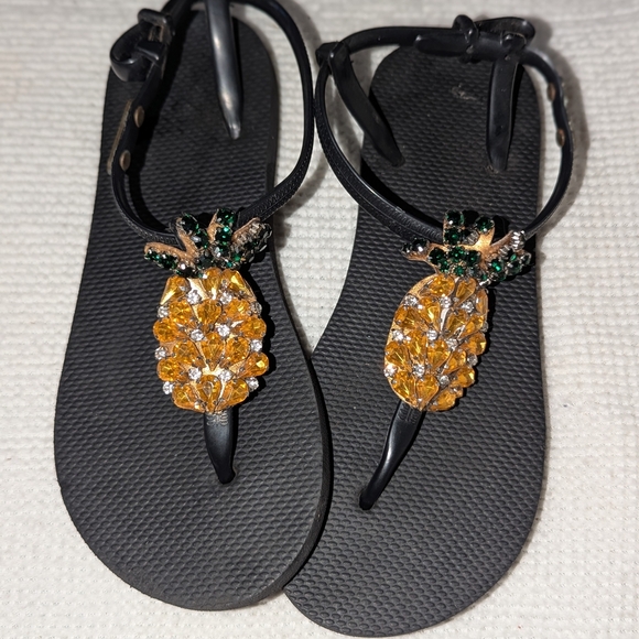 Black and Orange Sandals with Ornate Embellishments - Picture 1 of 6